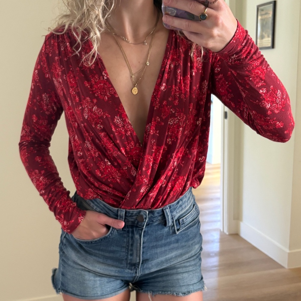 Free People Turnt Red Floral Print Long Sleeve Bodysuit XS